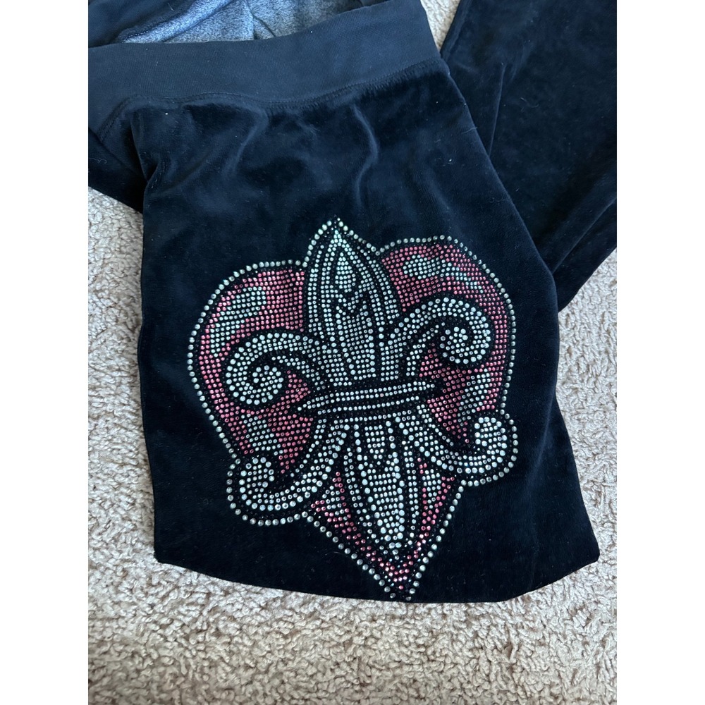 Ankh Royalty Y2K Black Velour Rhinestone Fleur De Lis Track Pants Women Small - Picture 5 of 5